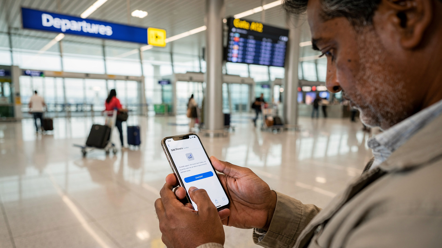 एक भारतीय व्यक्ति दुबई के व्यस्त हवाई अड्डे पर अपने स्मार्टफोन पर Jio eSIM प्रोफाइल देख रहा है.