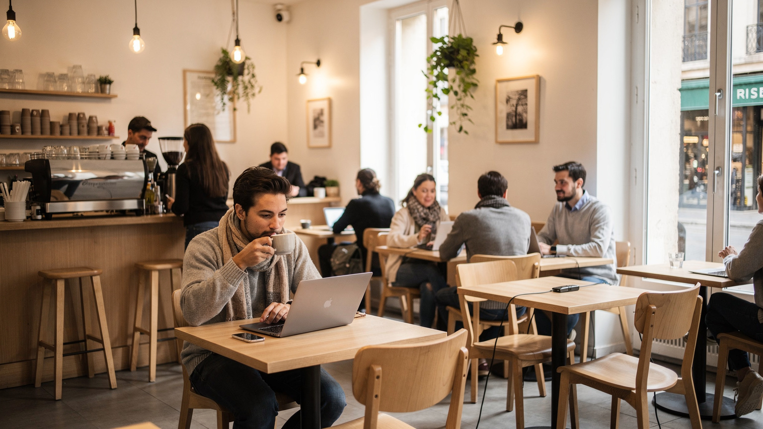 Un café animé à Lyon, France, avec des tables en bois clair et des clients buvant du café et utilisant des ordinateurs portables, un environnement typique pour le télétravail.