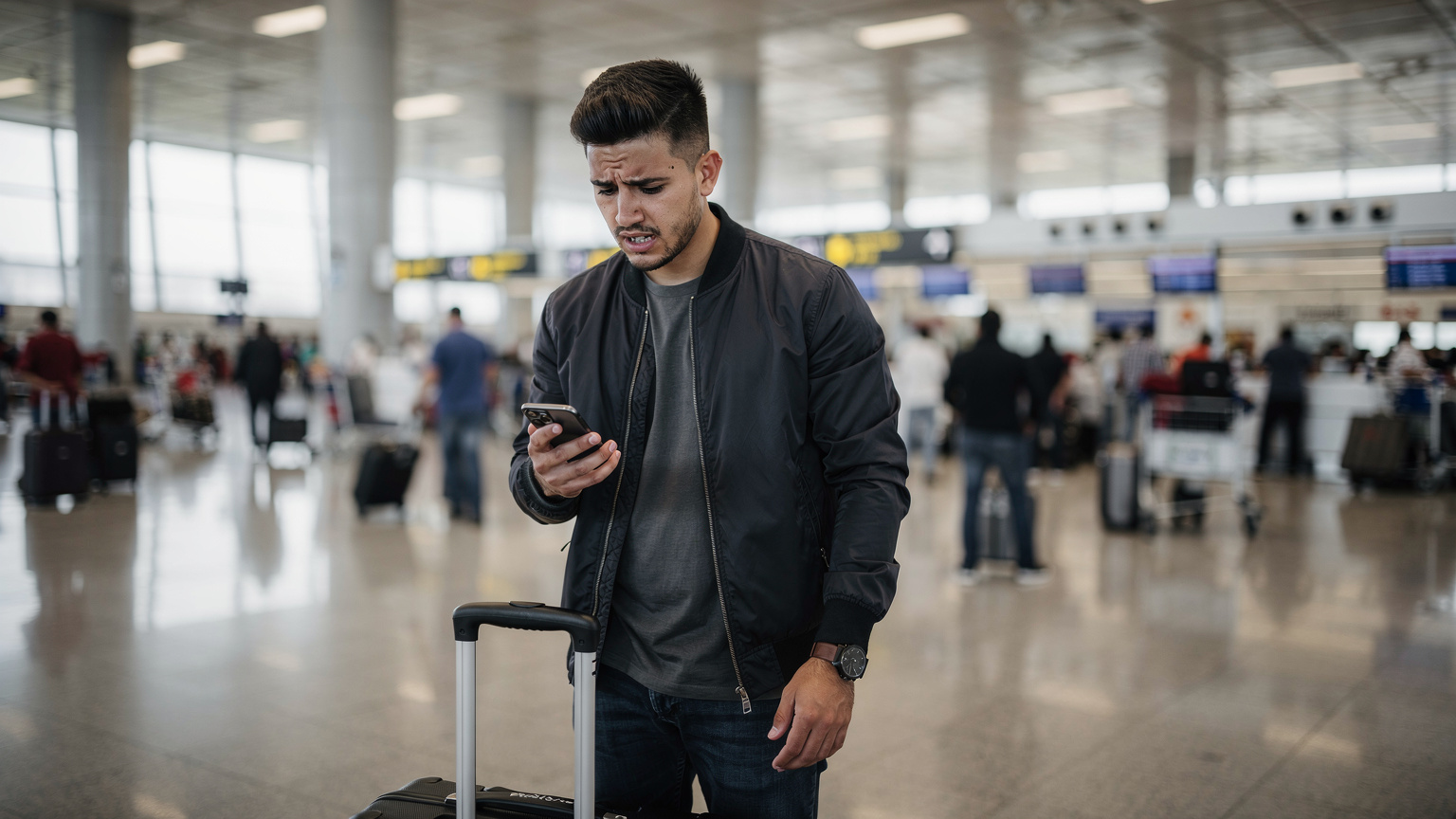 Un jeune voyageur au look moderne, visiblement frustré, tenant son smartphone avec un visage préoccupé à l'intérieur d'un aéroport international bondé, des valises à ses pieds.
