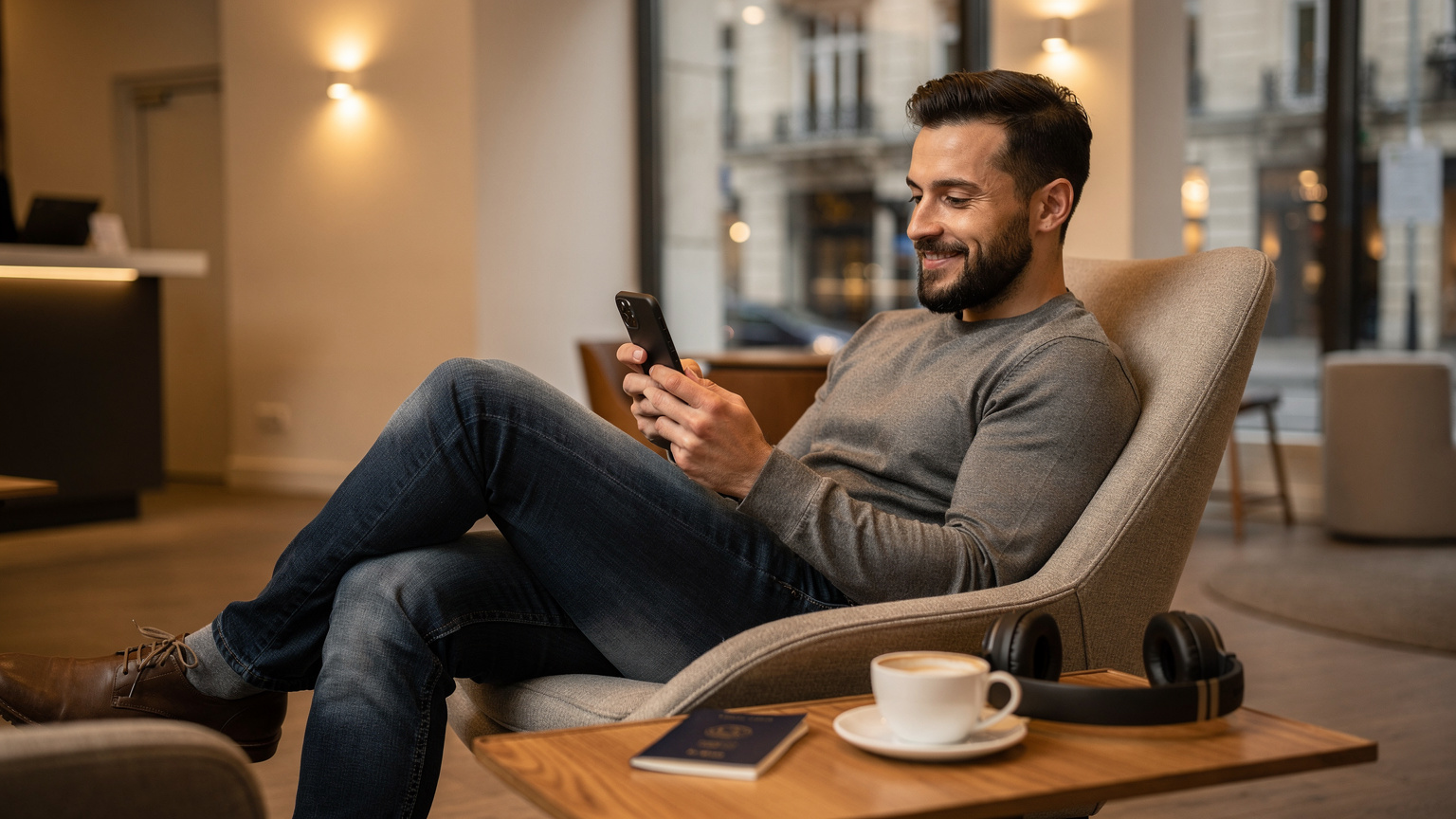 Un homme vérifiant les détails de son forfait eSIM sur son smartphone, son passeport ouvert sur une table basse avec des écouteurs et une tasse de café à ses côtés.