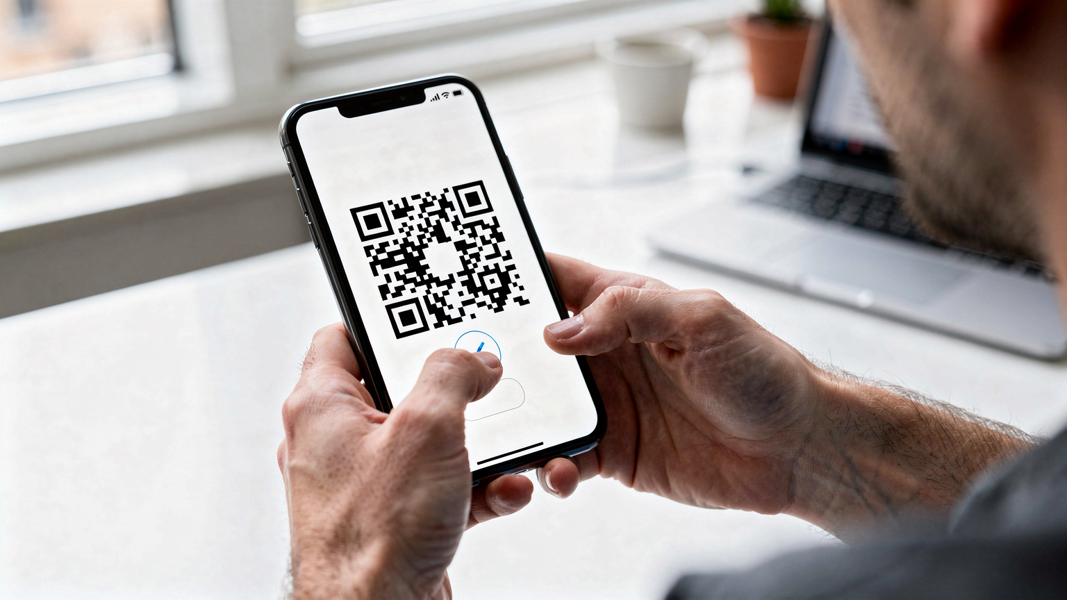 Un homme tenant son smartphone en gros plan, un QR code affiché à l'écran pour l'activation d'une eSIM, ses doigts effleurant l'écran, dans un environnement clair et moderne.
