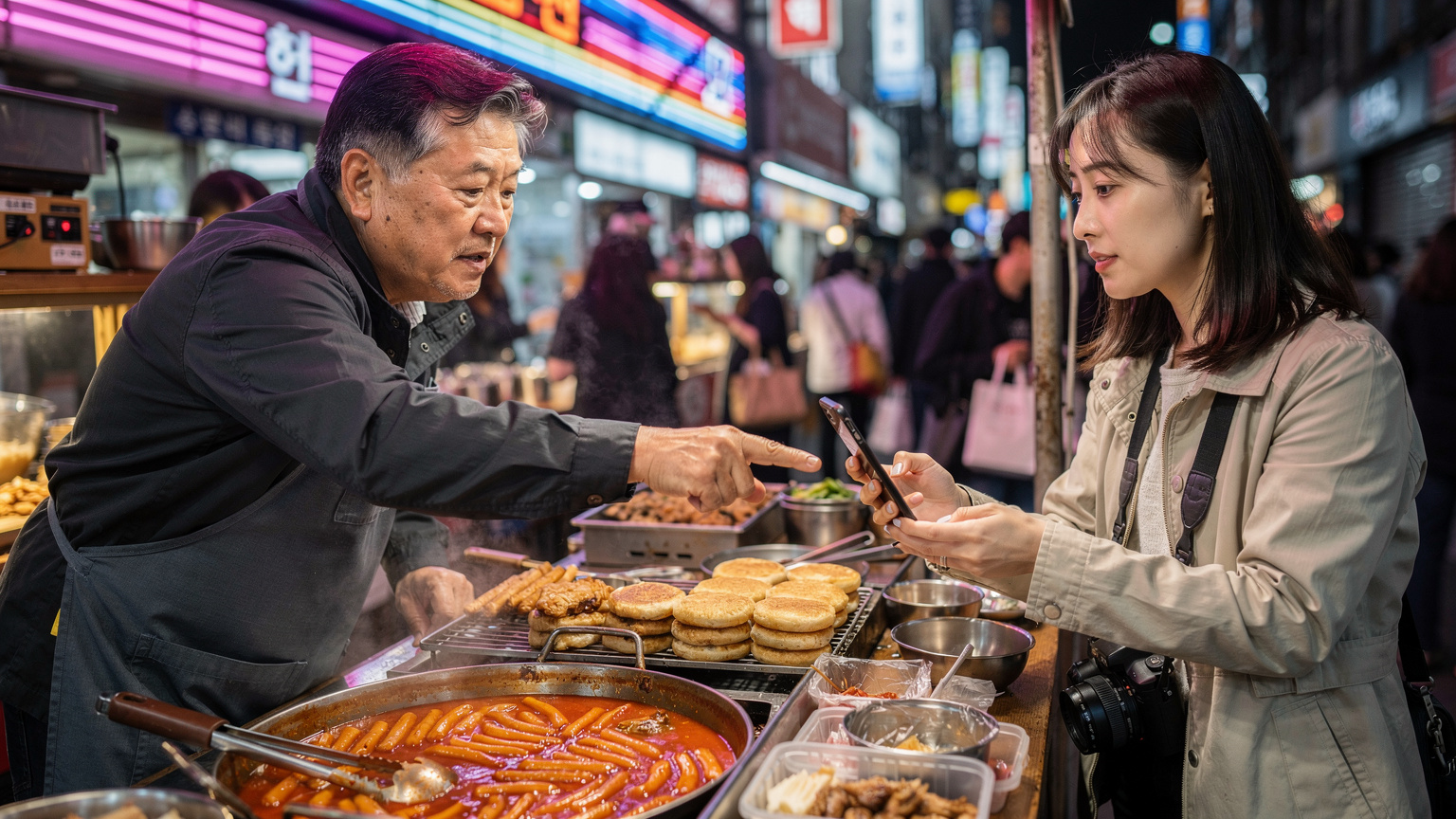 活気あふれる韓国、ソウルの明洞ストリートフード屋台で、忙しい店主がスマホの画面を指差し、eSIM設定に関する簡単な質問に答えている。背景には夜のネオンが輝き、屋台の食べ物が美味しそうに並んでいる。