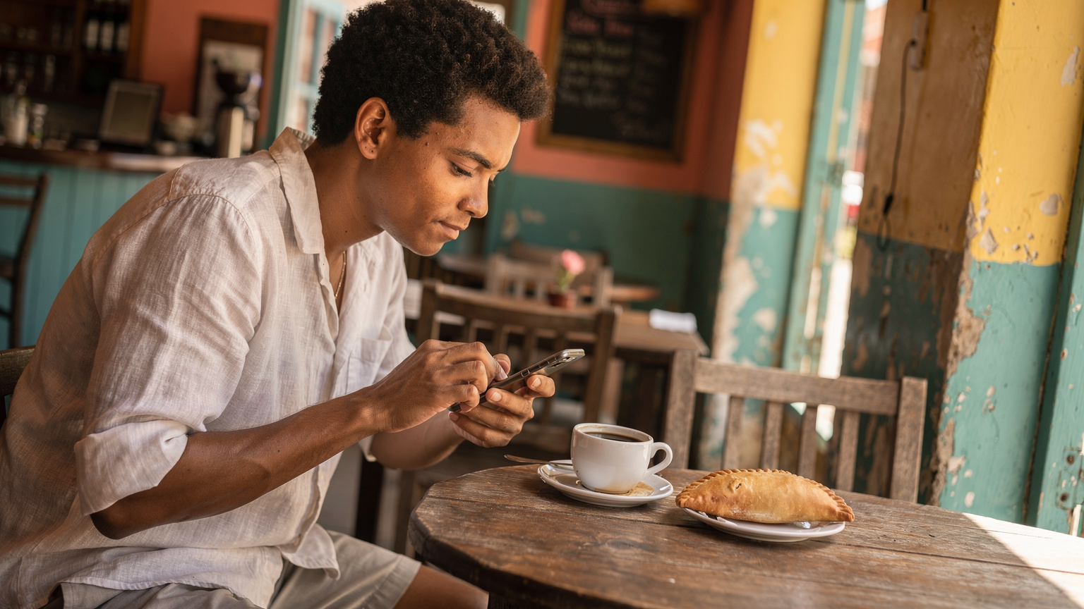 Een persoon zit geconcentreerd aan een tafel in een charmant, lokaal café in Pietermaai, Willemstad, Curaçao. Een smartphone ligt naast een kop koffie en een lokale lekkernij, terwijl de persoon offline kaarten downloadt.