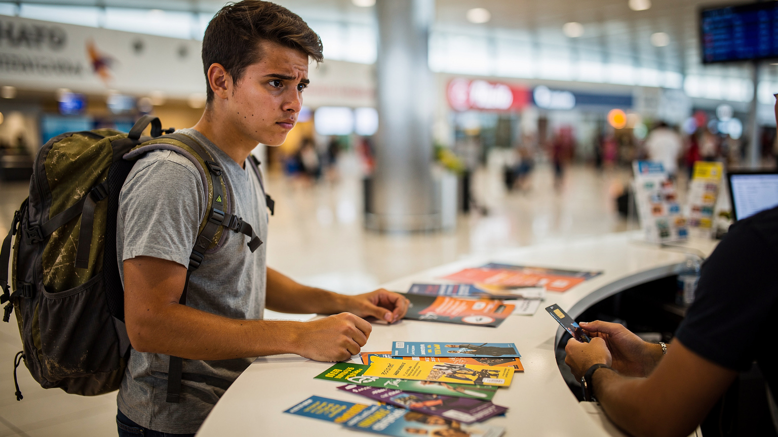 Een jonge backpacker staat met een enigszins gefrustreerde uitdrukking bij een rommelige balie op Hato International Airport, Curaçao, terwijl hij probeert een fysieke simkaart te kopen. Er liggen lokale brochures op de balie.