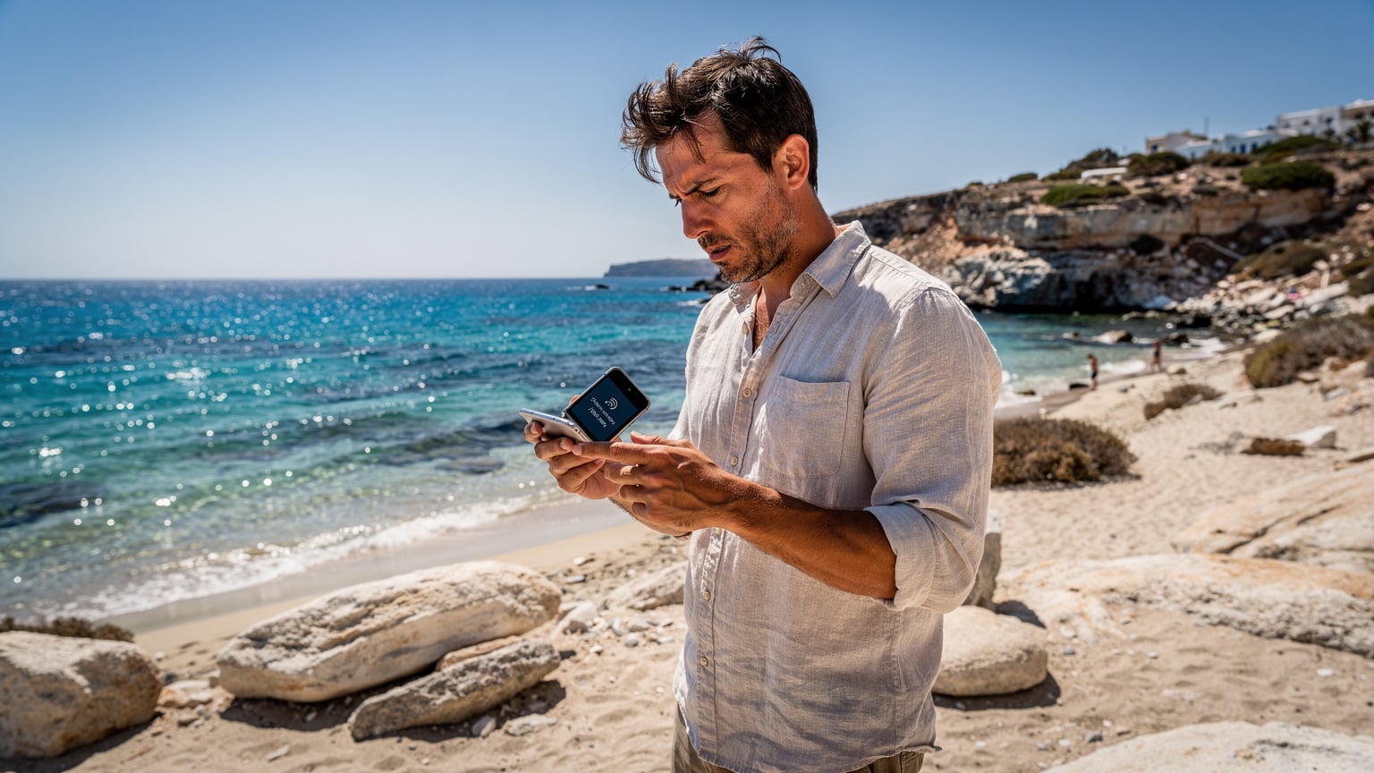 Ένας άνδρας με απογοητευμένο βλέμμα κοιτάζει το Samsung Galaxy Flip 6 του, το οποίο εμφανίζει μήνυμα 'Δεν υπάρχει υπηρεσία', ενώ στέκεται σε μια απομακρυσμένη παραλία των Κυκλάδων, με φόντο το γαλάζιο του Αιγαίου.