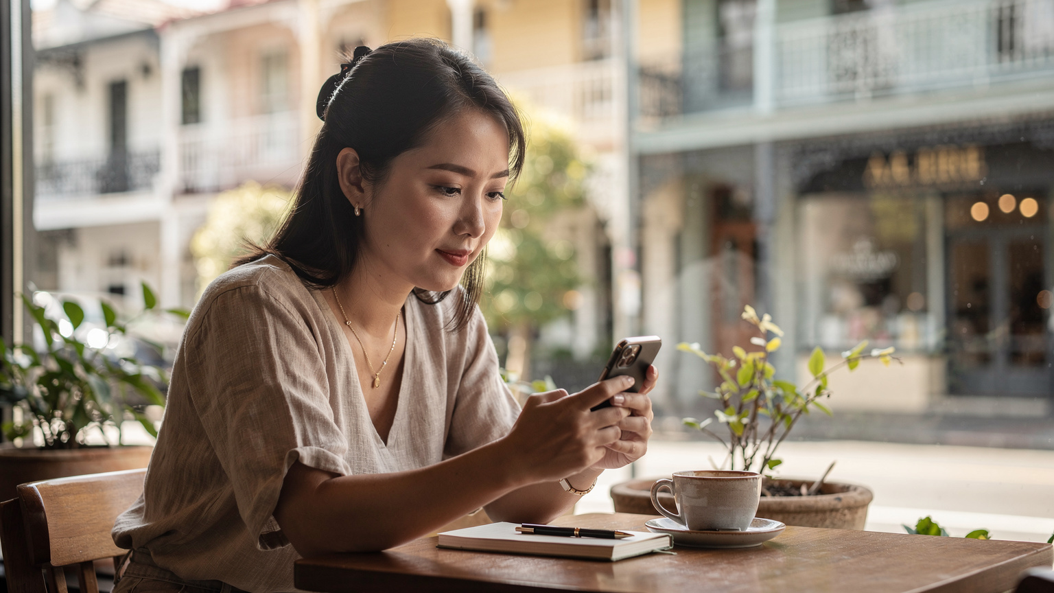 Một du khách đang sử dụng ứng dụng di động để kiểm tra mức sử dụng dữ liệu eSIM của mình trong một quán cà phê ở khu phố Paddington, Sydney, với những cửa hàng và tòa nhà kiểu Victoria đặc trưng.