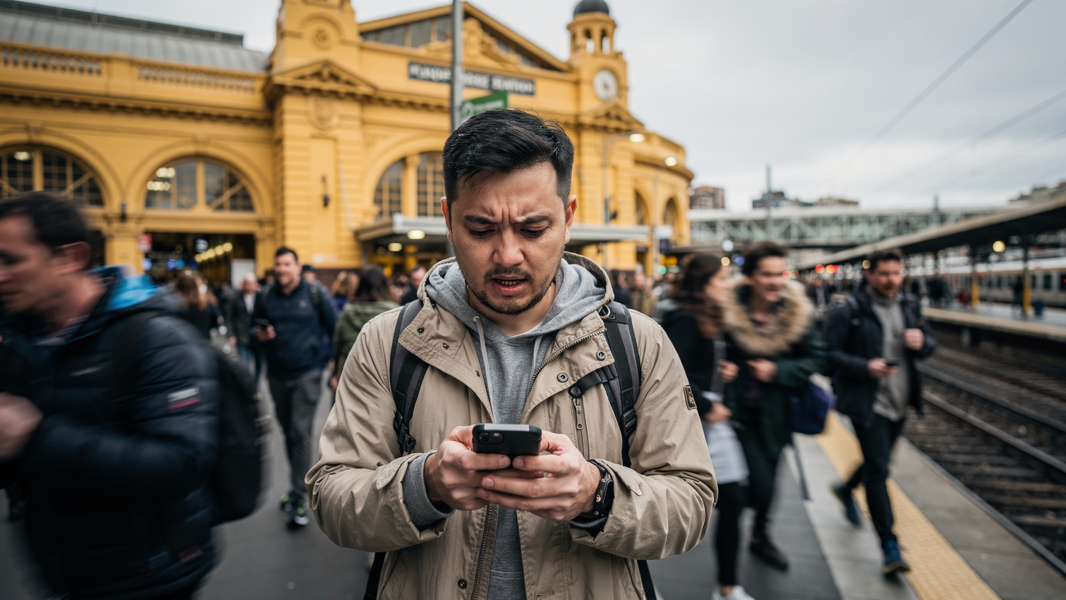 Một du khách đang nhìn vào điện thoại với vẻ bối rối trong một nhà ga đông đúc ở Melbourne, có lẽ đang gặp vấn đề về kết nối hoặc tìm đường.