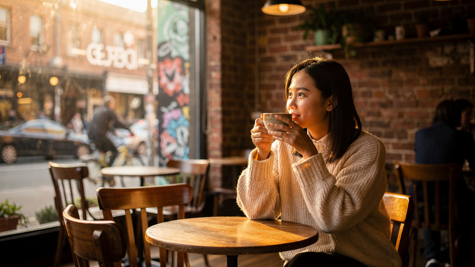 Một du khách đang thưởng thức cà phê tại một quán cà phê ấm cúng ở khu phố Fitzroy, Melbourne, với ánh nắng xuyên qua cửa sổ, tạo nên không khí ấm áp.