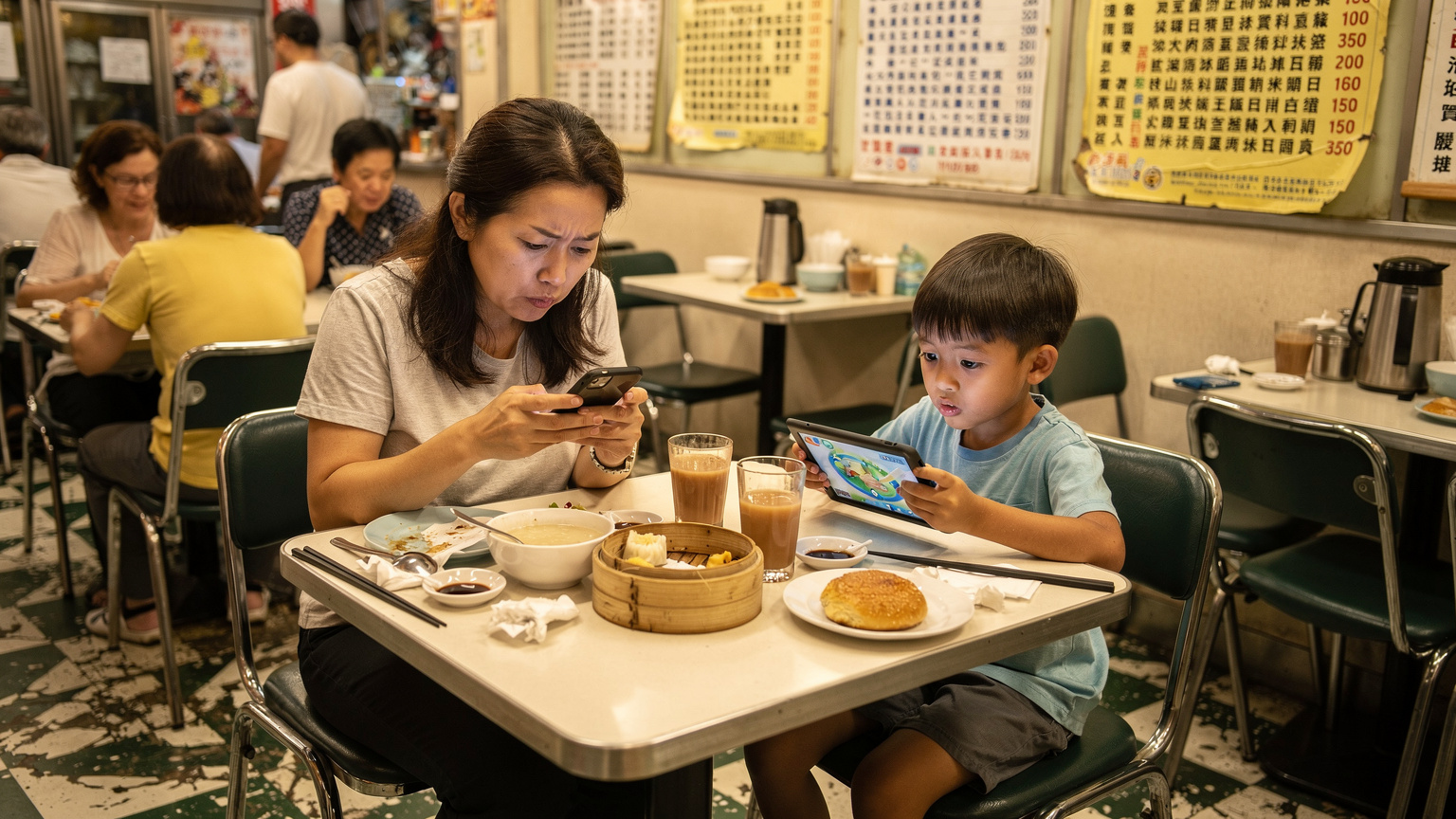 一位妈妈在香港一家传统茶餐厅里,皱眉看着iPhone屏幕,尝试解决eSIM问题,孩子在旁边专注玩iPad。