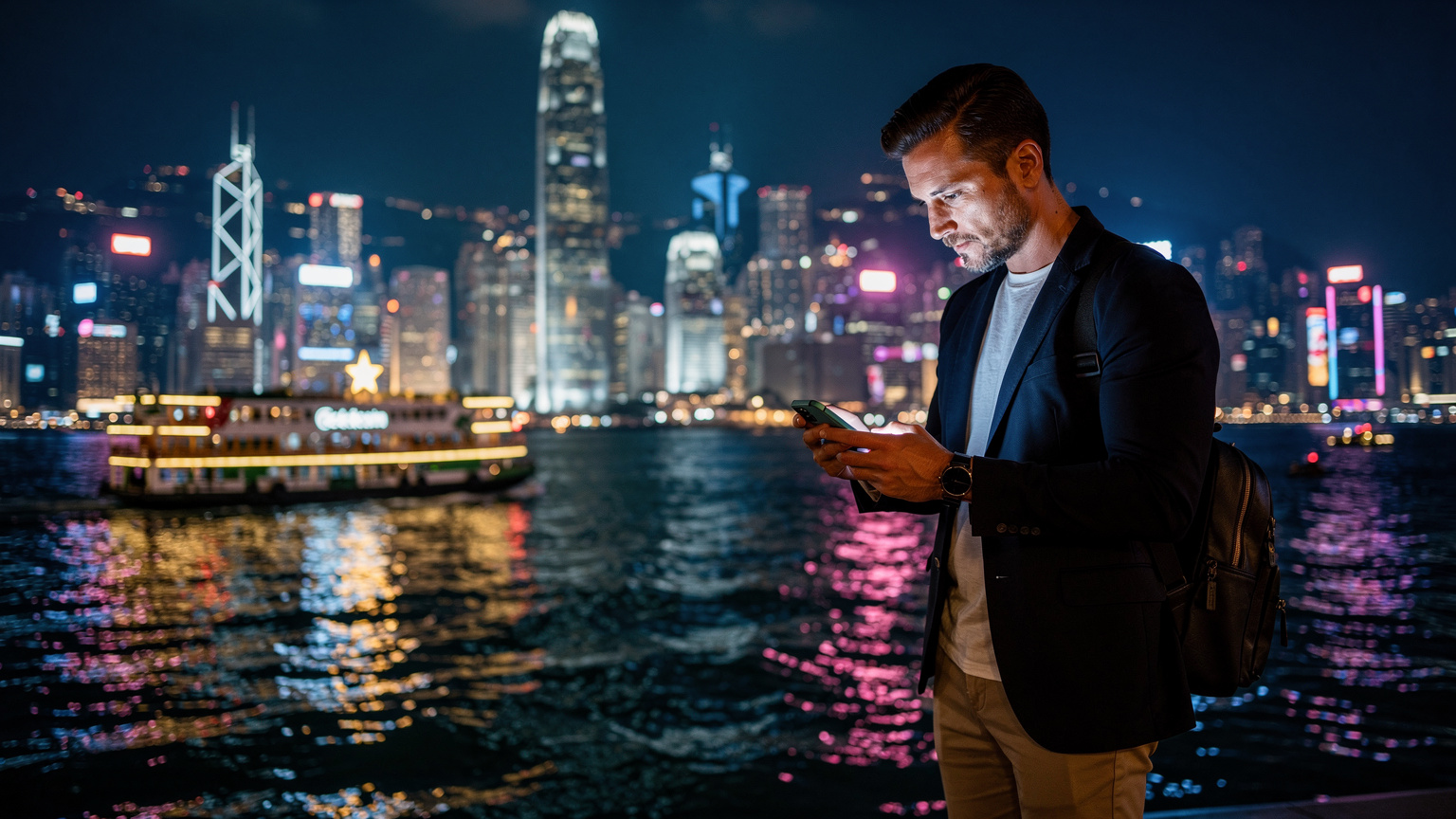 一位父亲在香港维多利亚港边的星光大道上,用Cellesim App购买eSIM套餐,背景是香港璀璨的夜景。