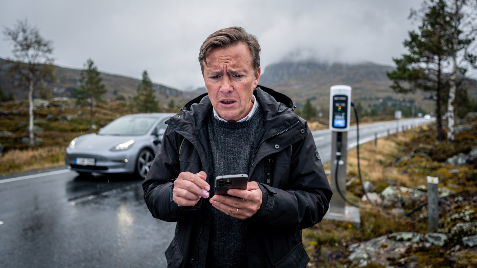 En travel elbilist holder en smarttelefon med lavt batteri, og ser bekymret ut mens elbilen lades ved en ladestasjon i et avsidesliggende område.