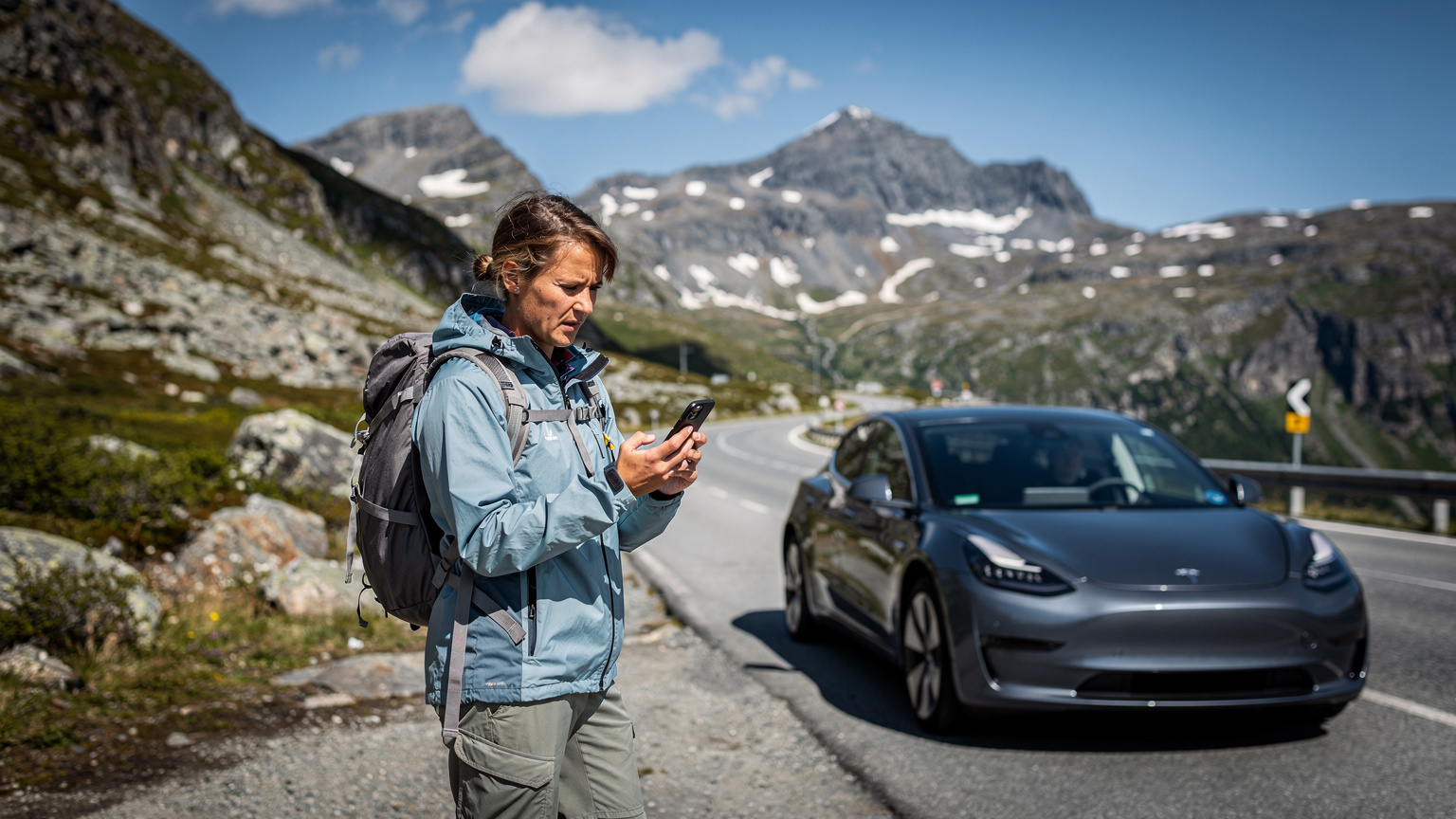 En travel elbilist sjekker ladestasjoner på sin smarttelefon med en naturskjønn norsk fjellvei i bakgrunnen.