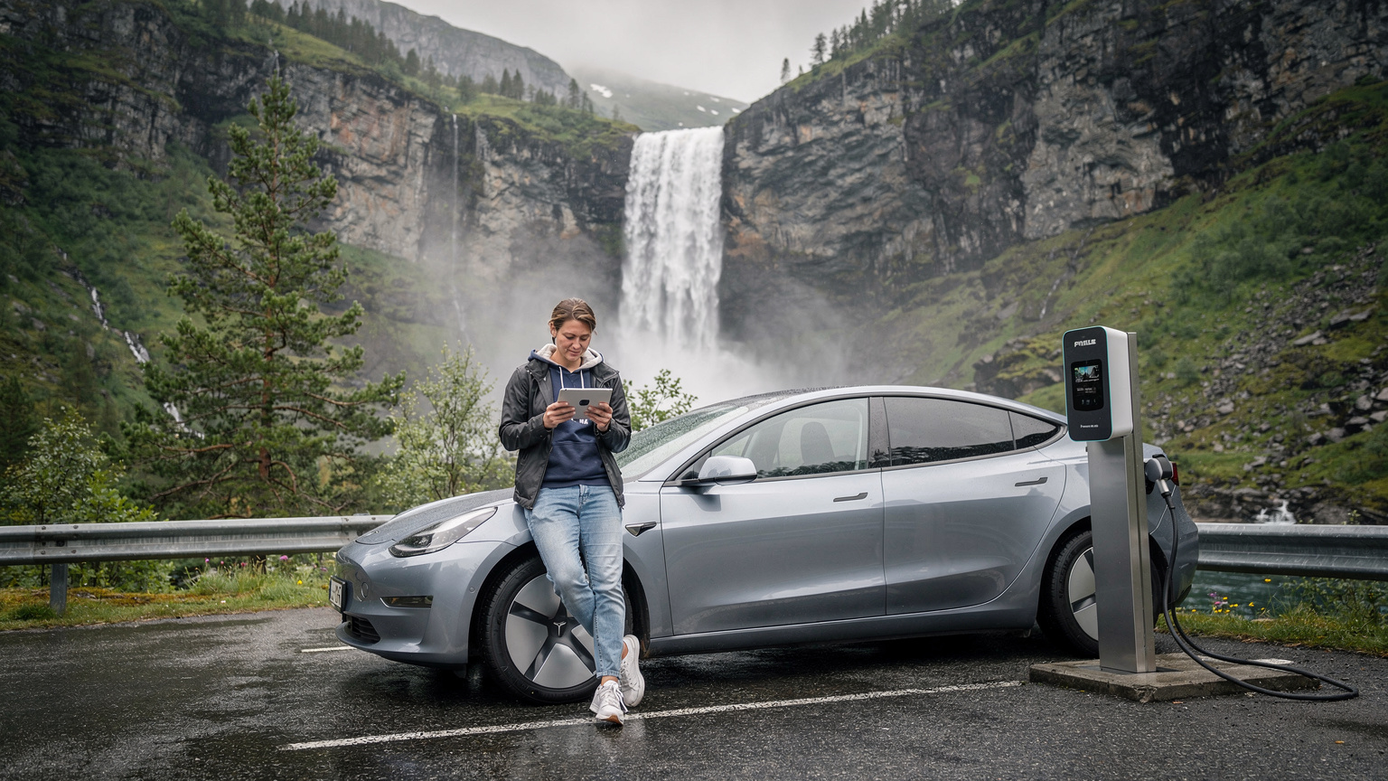 En person lader elbilen sin ved en ladestasjon ved en norsk foss, mens de ser en film på nettbrettet.