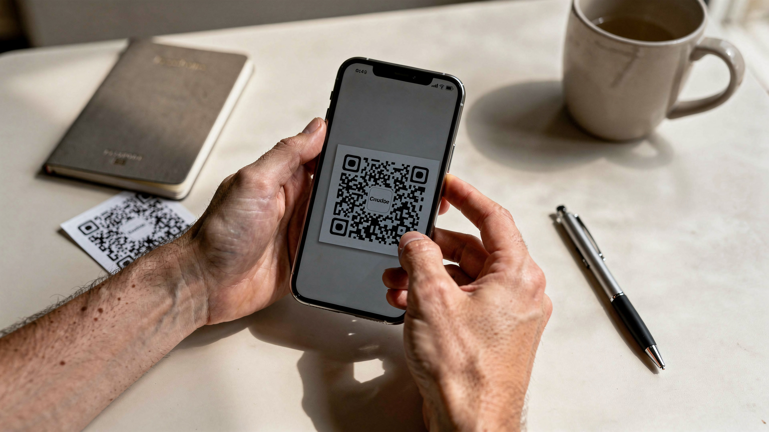 Mani di una persona che tiene uno smartphone e scansiona un codice QR da un altro telefono o una stampa, in un ambiente domestico o di ufficio, che suggerisce la facilità di attivazione di un'eSIM prima di un viaggio.