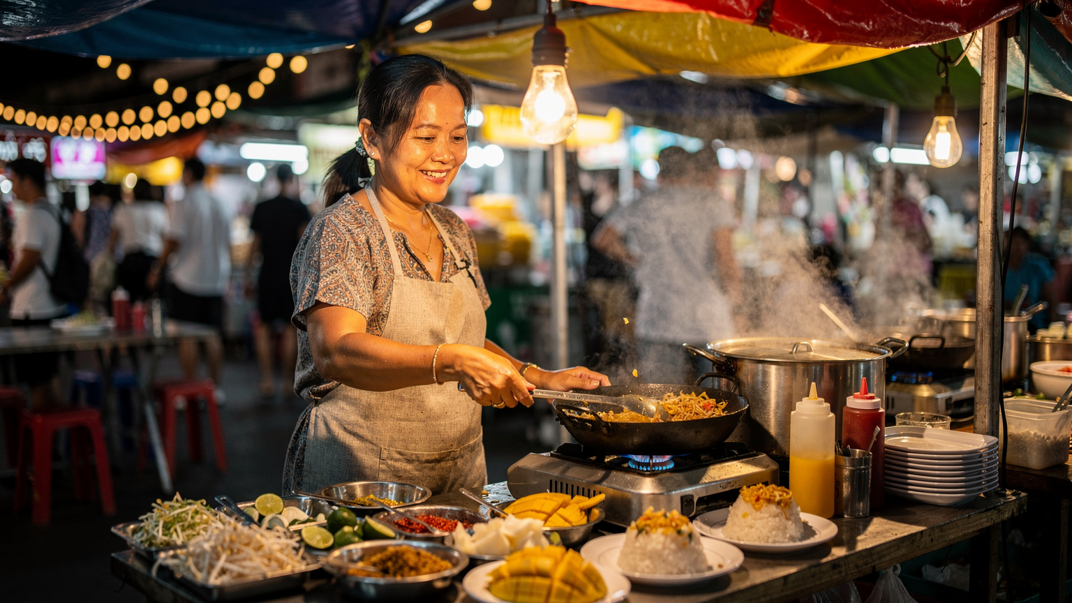 Una donna thailandese sorride mentre prepara del cibo da strada in una bancarella di un mercato notturno, con luci soffuse e l'atmosfera vivace tipica dei mercati thailandesi.