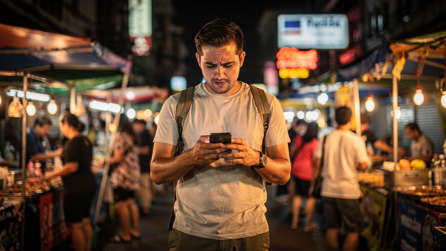 Un viaggiatore guarda il suo smartphone con un'espressione confusa o frustrata mentre si trova in un mercato affollato a Bangkok, cercando di orientarsi con una mappa o di connettersi a internet.