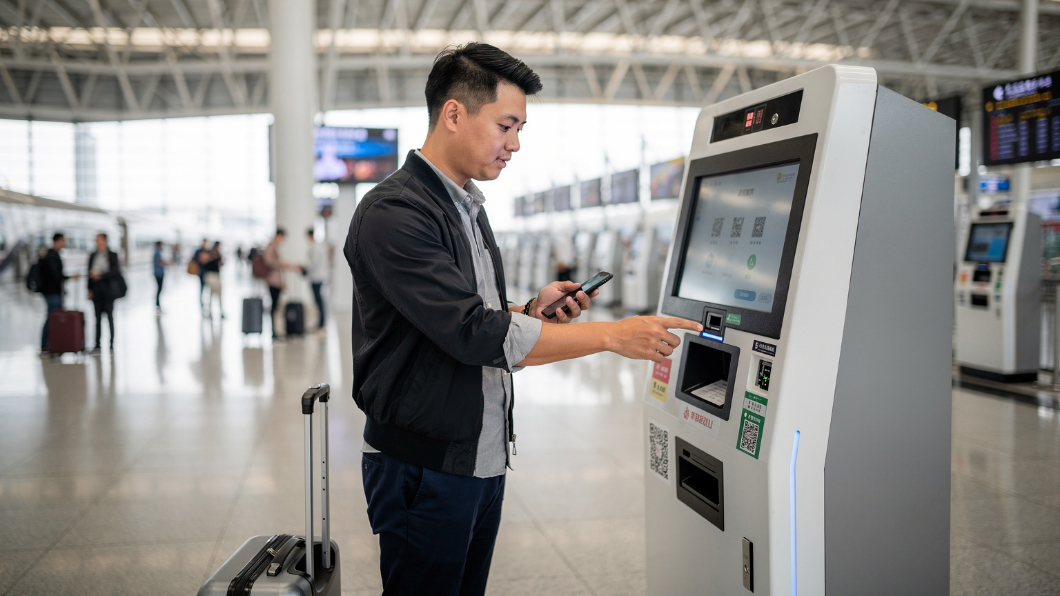 一位旅客在上海虹橋火車站的自動售票機前, 嘗試用手機掃碼支付, 展現了數字支付的便利性與潛在的網絡需求。