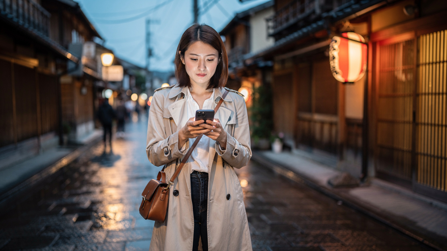 A traveler in Kyoto's Gion district checks their phone, perhaps reviewing eSIM options, against the backdrop of traditional wooden machiya houses and a softly glowing lantern.