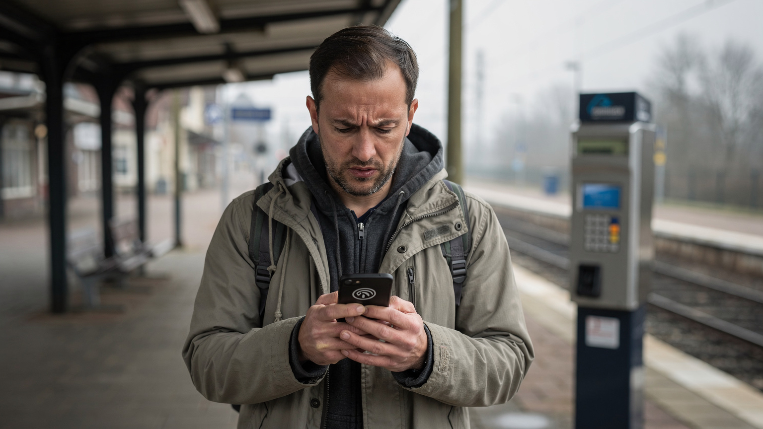 A traveler looks frustrated at their phone, displaying a 'no service' message, while standing near a local transit ticket machine at a deserted train station platform in a European city, conveying a moment of travel friction.