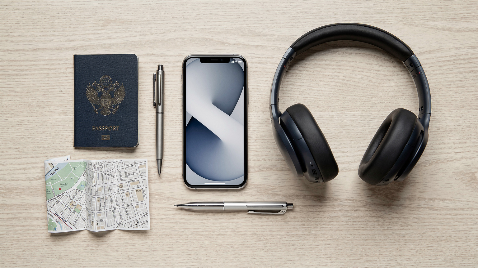 An editorial overhead flat-lay shot of essential travel items: a passport, a smartphone displaying the Cellesim app, noise-cancelling headphones, a small physical map of a European city, and a stylish pen, all arranged on a clean, light-colored surface.