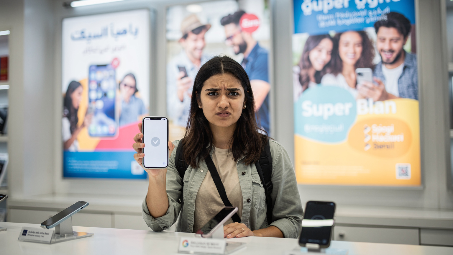 Un voyageur à l'air inquiet, tenant un iPhone avec un écran affichant un message d'erreur ou d'échec de connexion, debout devant le comptoir d'un opérateur mobile dans un pays étranger.