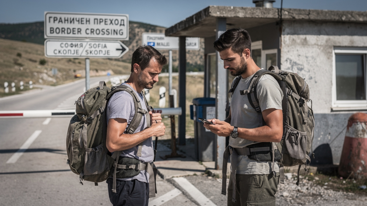 Un voyageur vérifiant son téléphone à une frontière terrestre entre deux pays des Balkans, avec des panneaux de signalisation bilingues en arrière-plan et un poste de contrôle.