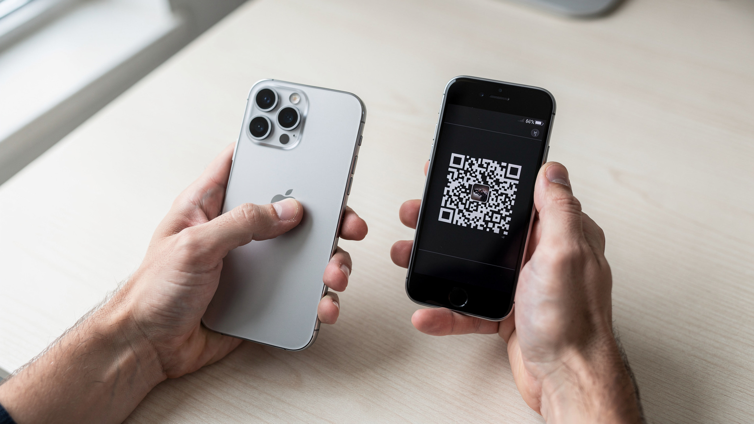 Une main tenant un iPhone et scannant un QR code d'eSIM affiché sur un autre téléphone ou un écran d'ordinateur, avec un fond neutre et des couleurs douces, style photographie éditoriale.
