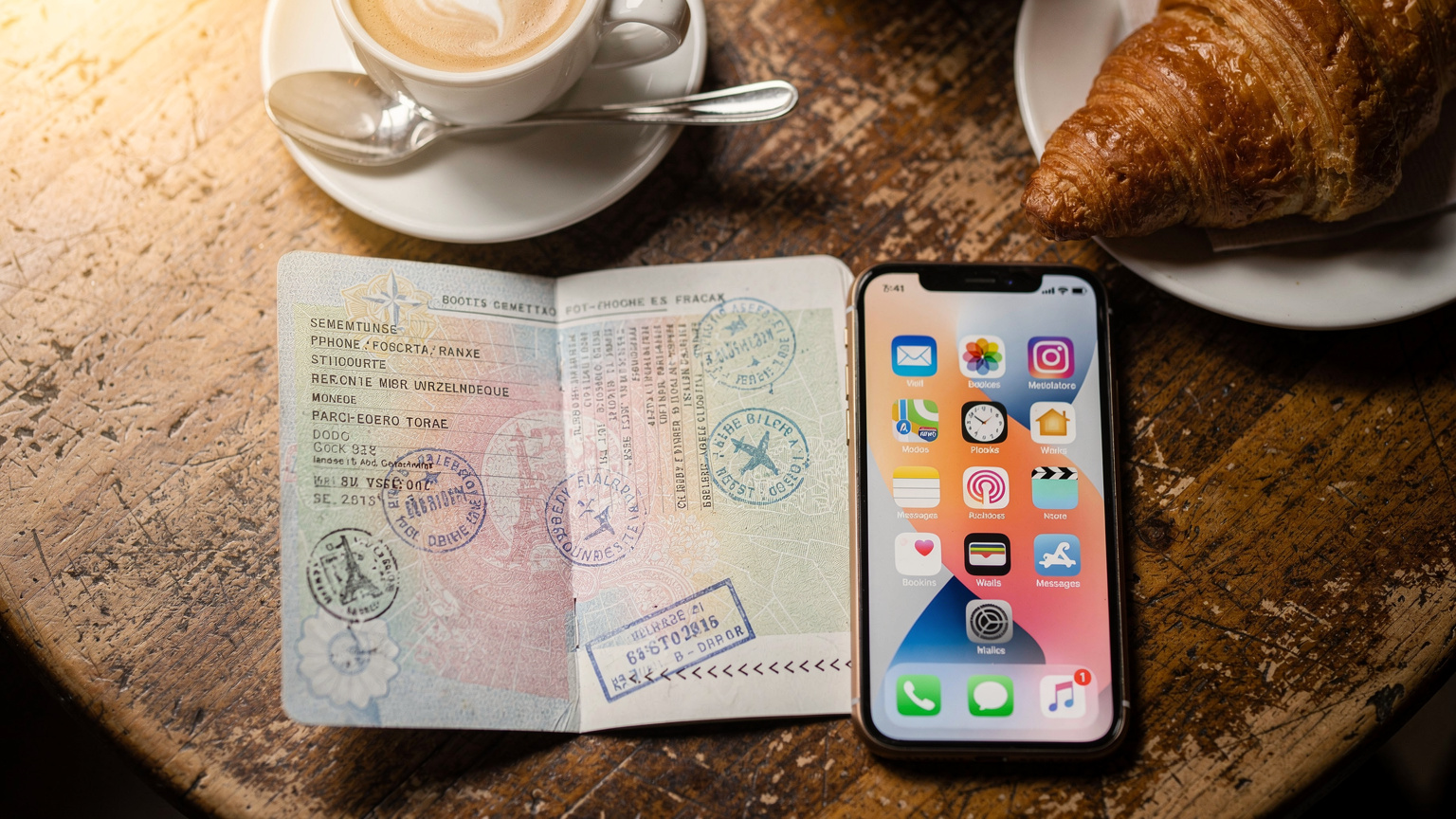 Un passeport français ouvert sur une page de visa, à côté d'un iPhone montrant un écran d'accueil avec plusieurs icônes d'applications de voyage, posés sur une table de café en bois, avec une tasse de café et un croissant en arrière-plan.