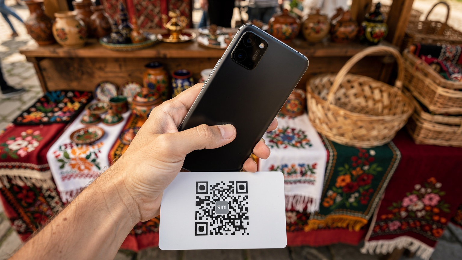 Ръка, държаща смартфон, сканираща QR код за активиране на eSIM на фона на традиционни български плетени кошници и ръчно изработени сувенири.