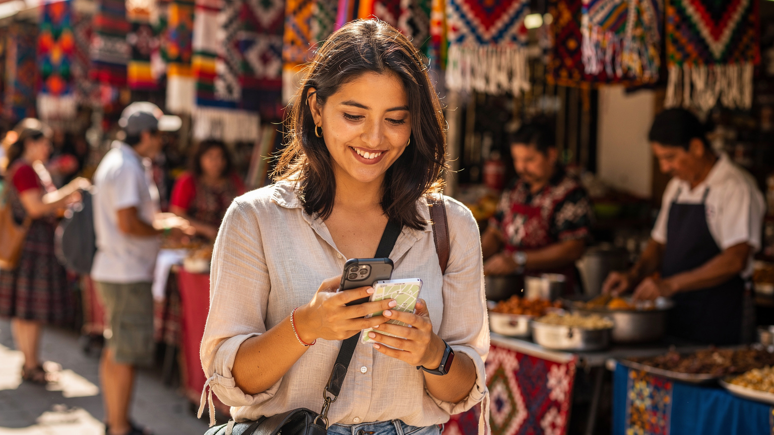 A traveler in a vibrant market uses their phone to check directions, seamlessly connected thanks to eSIM technology.