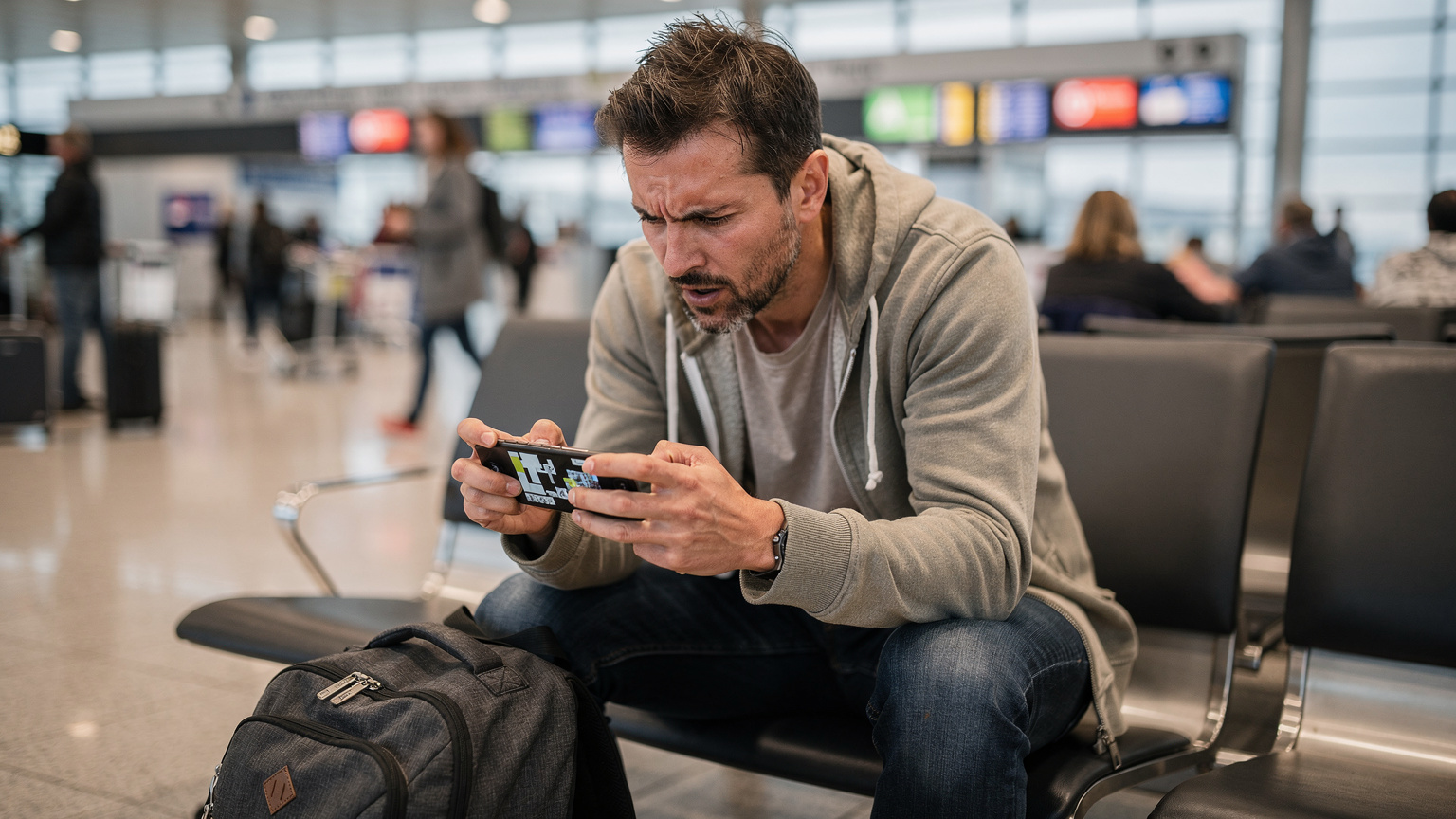 Ein gestresster Reisender sitzt mit seinem iPhone an einem belebten Flughafen, schaut besorgt auf den Bildschirm, der eine Fehlermeldung anzeigt, und versucht, eine Lösung für sein Konnektivitätsproblem zu finden.