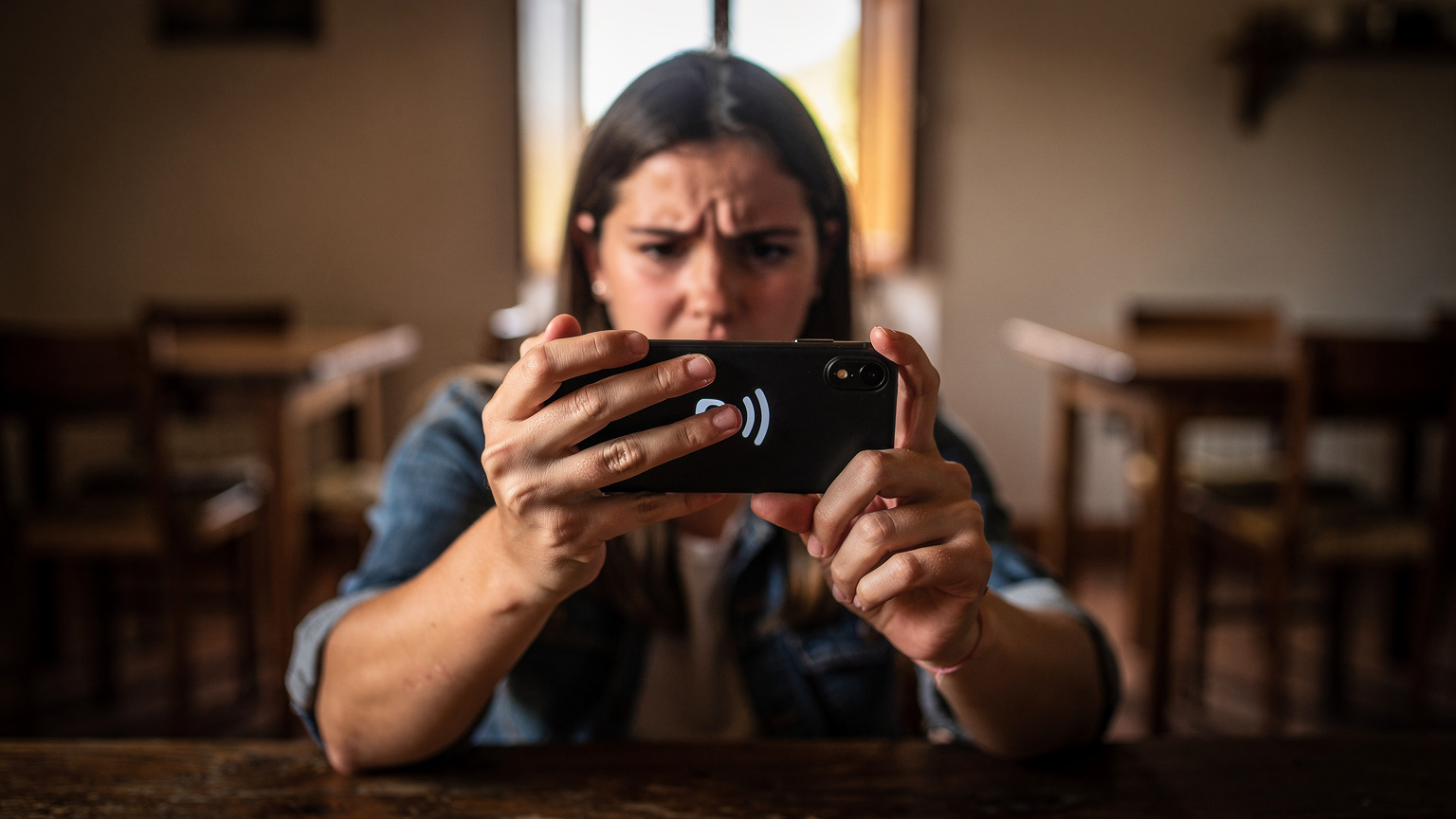 A digital nomad struggles with a weak signal on her phone while trying to make a video call from a remote co-working space.