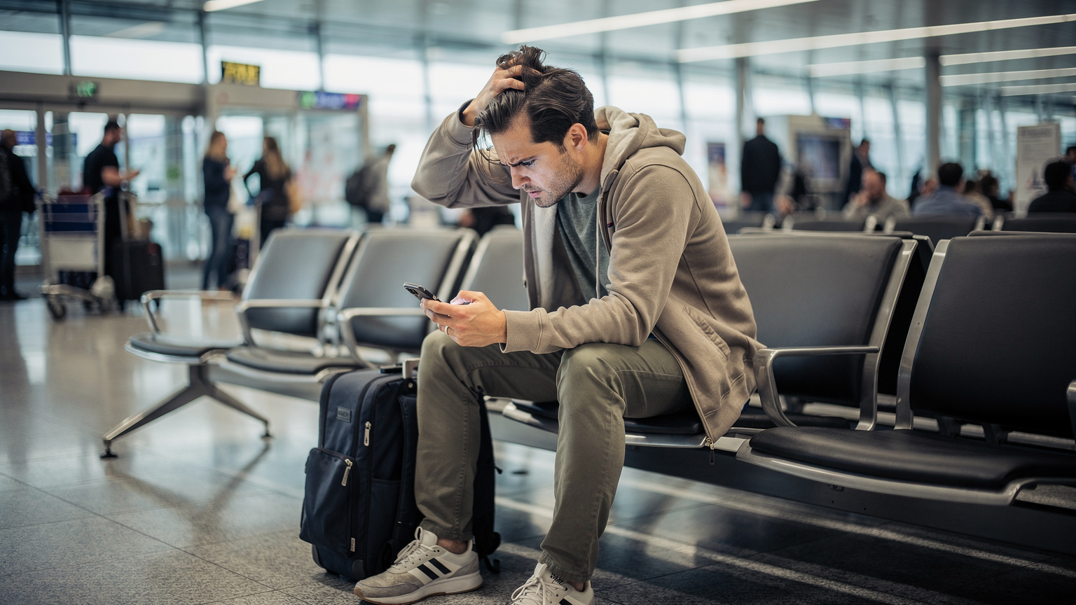 A frustrated traveler sits in an airport terminal, looking intently at their phone with a concerned expression, indicating connectivity issues or a problem with their eSIM.