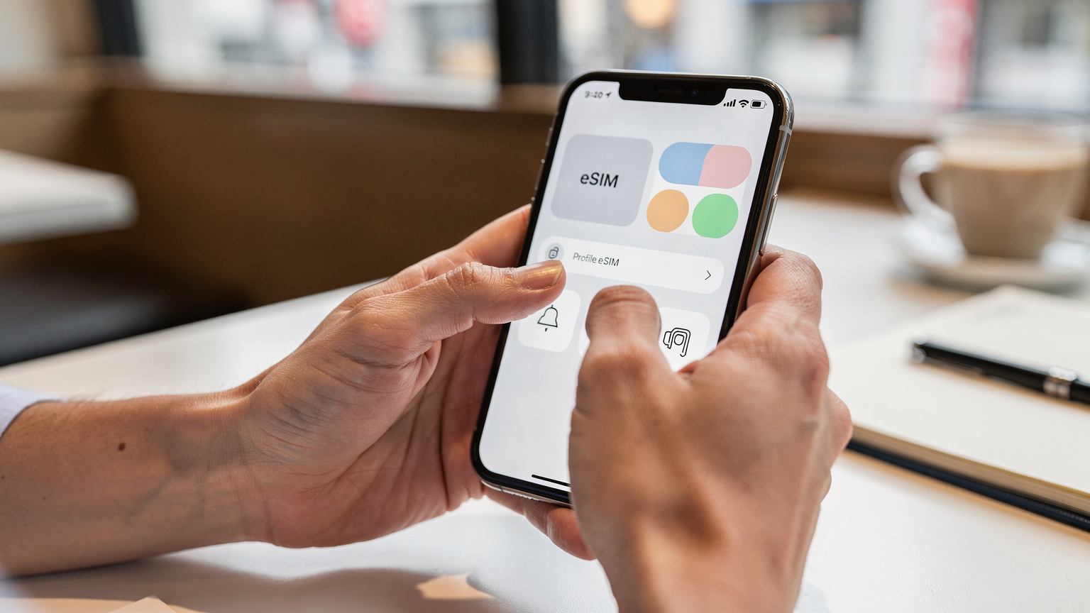 A person's hands delicately adjust settings on an iPhone, ensuring the eSIM profile is correctly selected for optimal network performance.