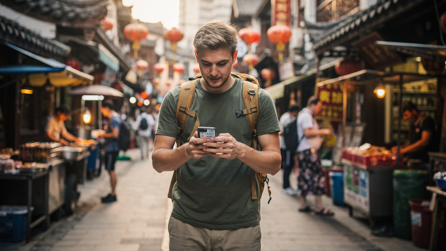 Ein junger Backpacker in einer belebten Gasse in Shanghai, der auf seinem Smartphone die Kosten seiner eSIM mit denen einer lokalen SIM-Karte vergleicht.