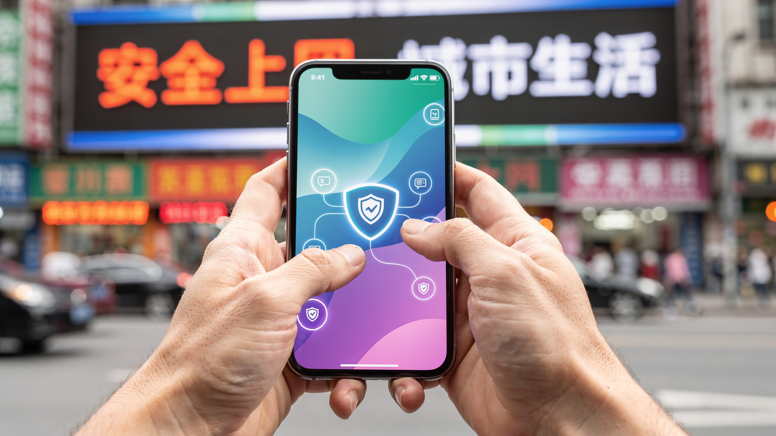Nahaufnahme von Händen, die ein Smartphone halten, auf dem eine VPN-App aktiv ist, während im Hintergrund chinesische Schriftzeichen auf einer Werbetafel zu sehen sind, leicht unscharf.