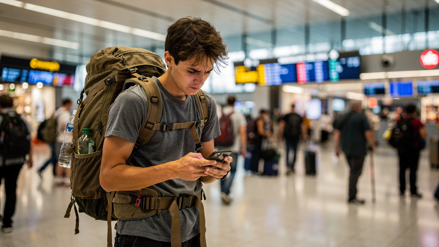 Un viajero joven con una mochila, mirando su iPhone con frustración y preocupación, de pie en un concurrido aeropuerto internacional con luces de neón y gente pasando de fondo.