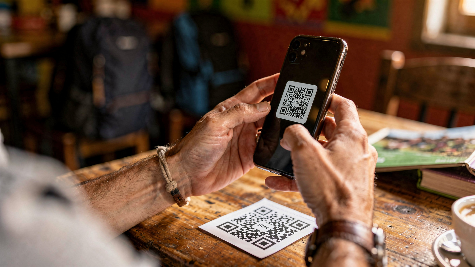 Manos de un viajero utilizando un iPhone para escanear un código QR de eSIM impreso en un papel, en un entorno de viaje como la recepción de un hostel en Cusco, Perú, o una mesa de café en Lisboa, Portugal.