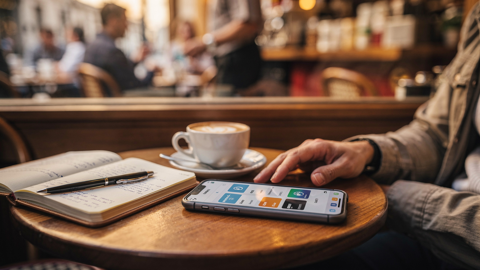 Un viajero revisando la pantalla de 'Datos Móviles' de su iPhone, que muestra múltiples planes de eSIM y una SIM física activa, en un café concurrido de Barcelona, con un café con leche y una libreta de viaje sobre la mesa.