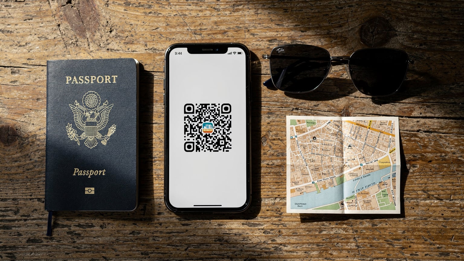 An editorial flat-lay of travel essentials: a passport, a smartphone with an eSIM QR code displayed, sunglasses, and a small map of a European city, all arranged on a rustic wooden table.