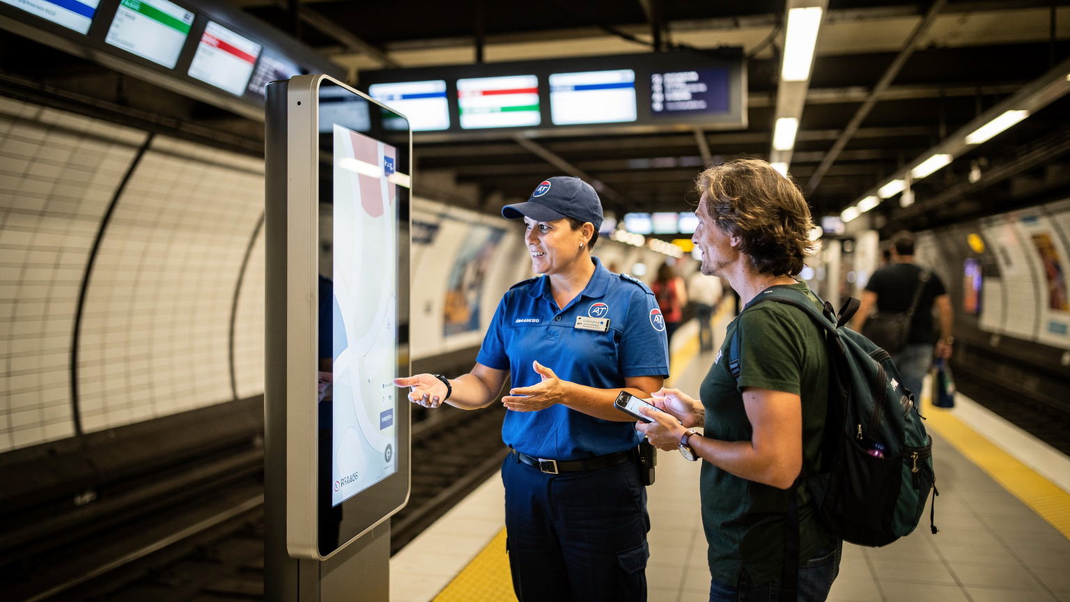 Un agent de la RATP aide un touriste à utiliser une borne interactive dans une station de métro parisienne, avec des écrans d'information affichant les lignes de métro.