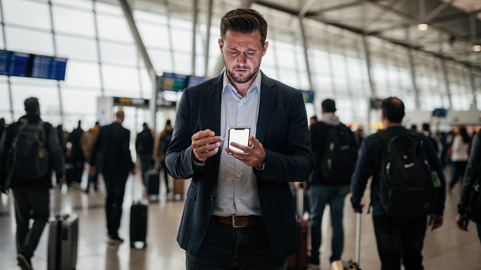 Un voyageur regarde son smartphone avec une expression préoccupée au milieu de la foule à l'aéroport Charles de Gaulle, symbolisant les difficultés de connexion.