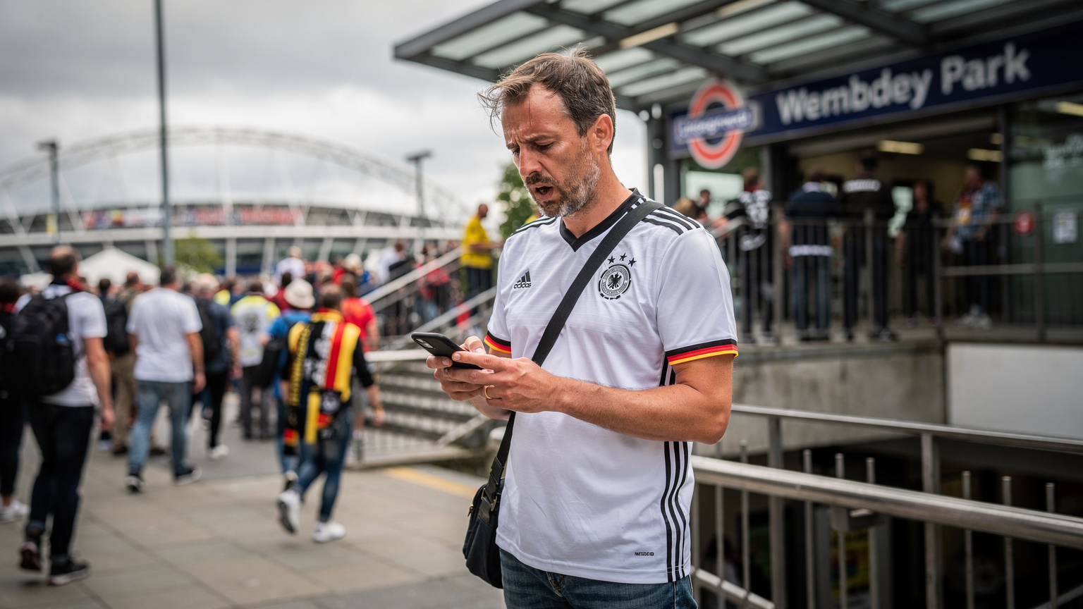 Ein gestresster Vater mit Deutschland-Trikot, der sein Smartphone mit besorgtem Gesichtsausdruck im Bereich des Wembley Park U-Bahn-Eingangs betrachtet. Im Hintergrund ist eine große Menschenmenge zu sehen.