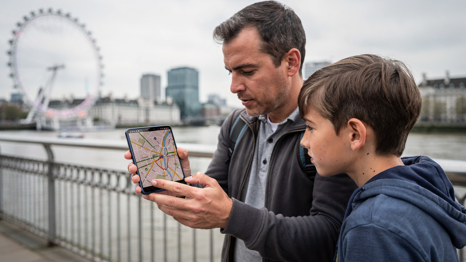 Ein Vater zeigt seinem Sohn auf dem Smartphone die heruntergeladene Karte von London. Im Hintergrund ist der London Eye zu sehen.