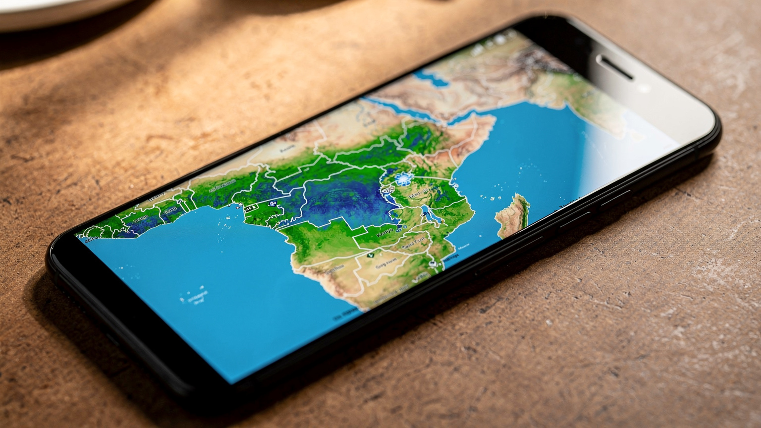 A close-up of a smartphone screen displaying a network coverage map of East Africa, with specific areas highlighted for 4G LTE connectivity.