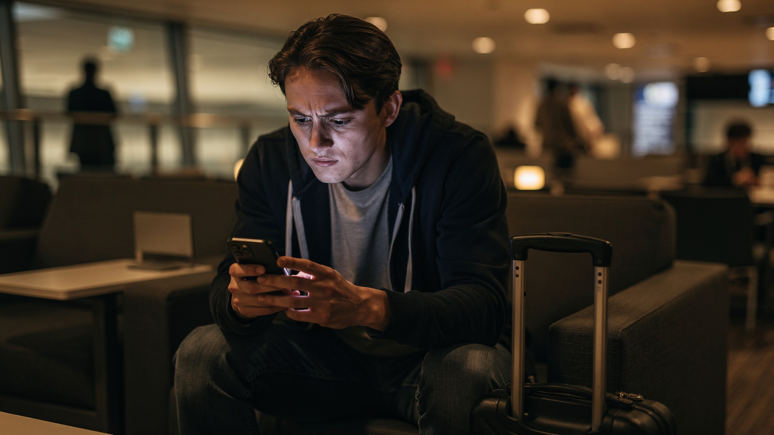 A traveler looking concerned at their smartphone screen in a dimly lit airport lounge, perhaps checking connectivity or flight details, with luggage nearby.