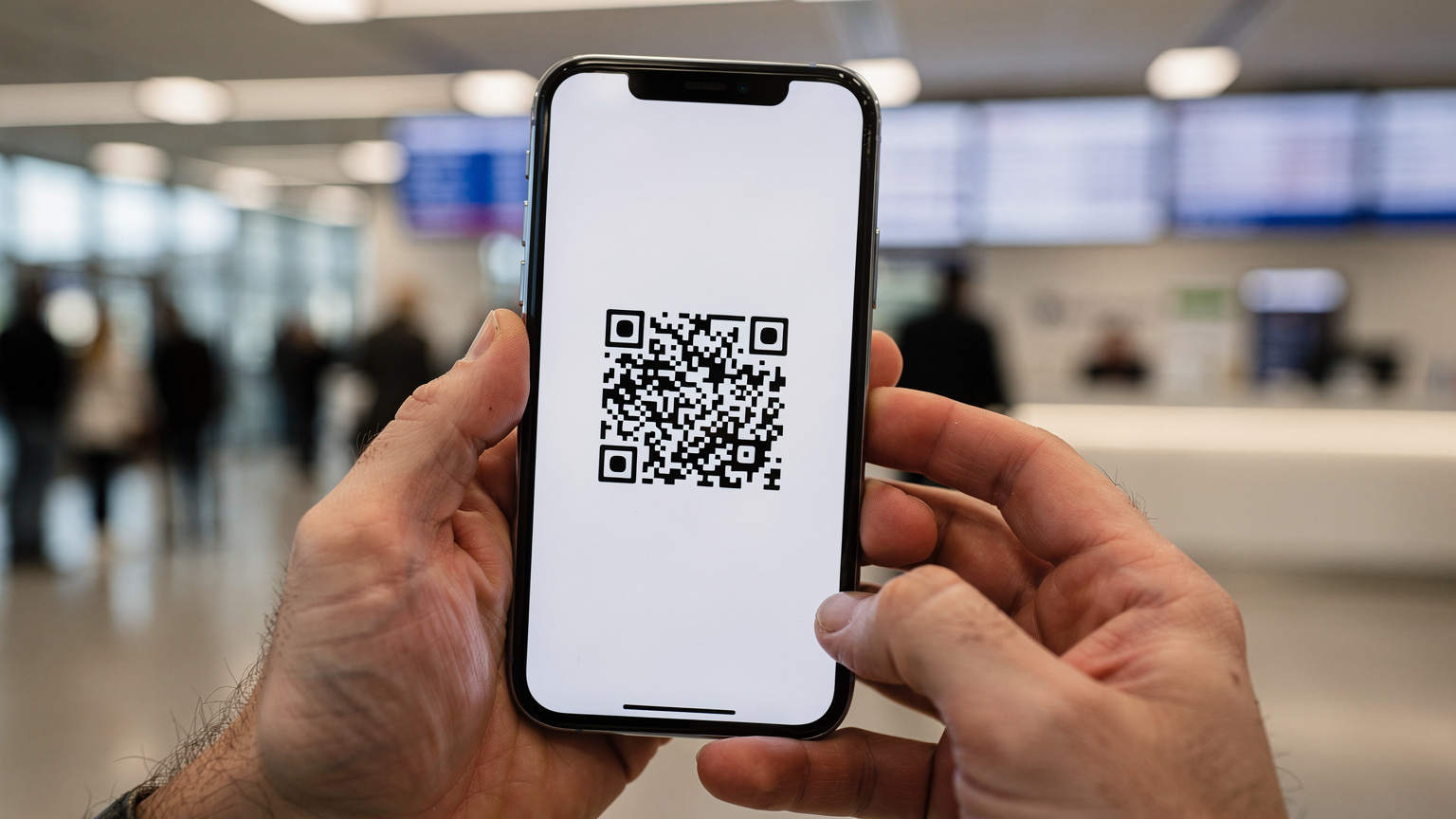 Крупний план рук, що тримають смартфон, на екрані якого чітко видно QR-код для активації eSIM, на тлі розмитого туристичного інформаційного стенду або вивіски аеропорту.
