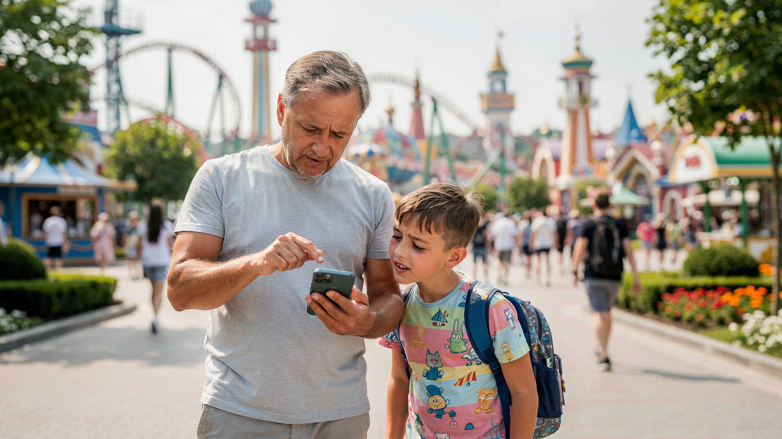 Родитель и ребенок смотрят на карту аттракционов на смартфоне в тематическом парке, на заднем плане виден красочный аттракцион, люди и деревья.