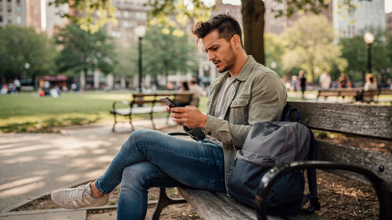 A traveler in a casual jacket and jeans, sitting on a park bench in a bustling urban park, intently scrolling through their phone, possibly checking data usage or planning their next move. The background shows blurred city life.