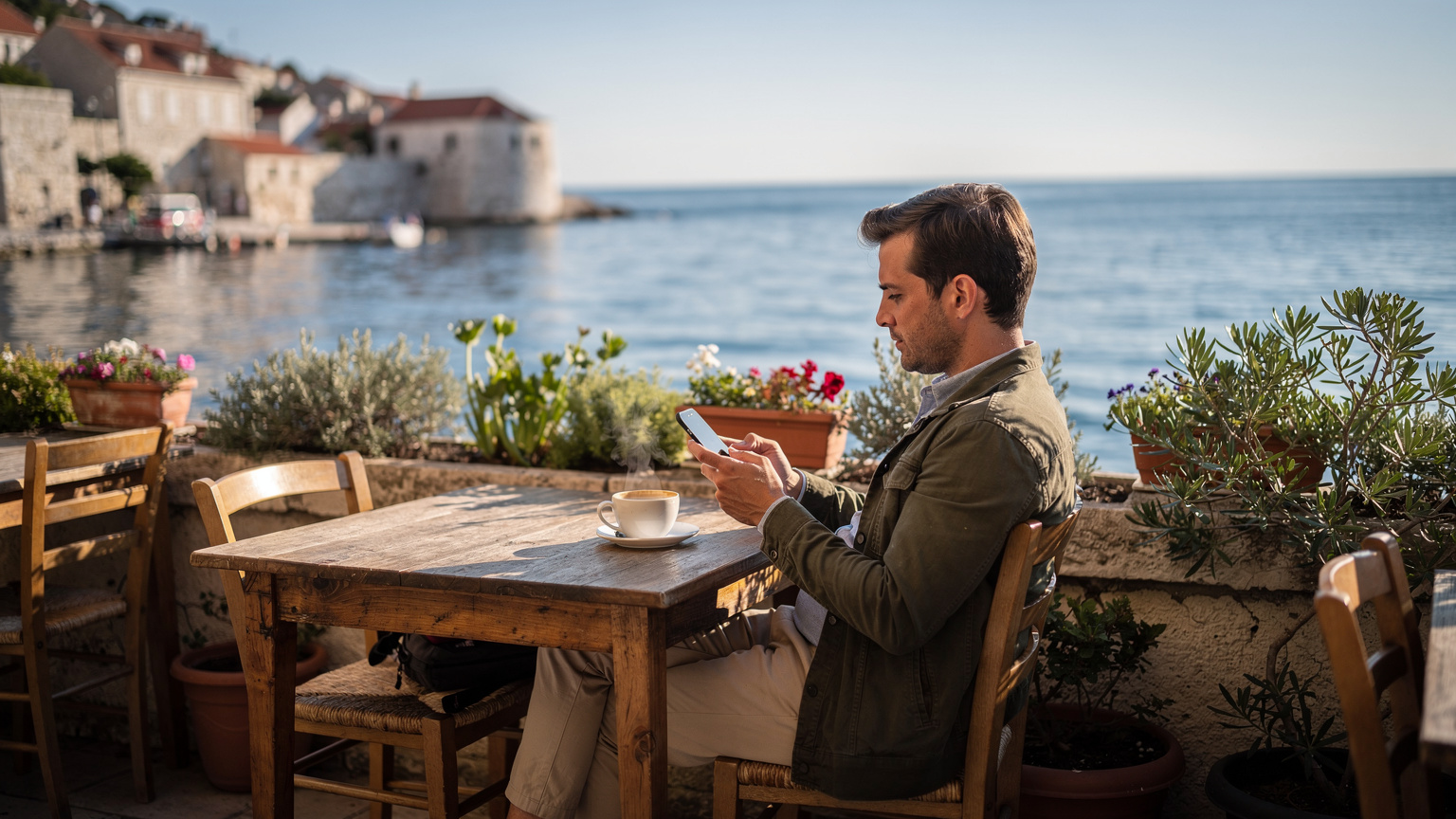 Un voyageur détendu utilisant son téléphone dans un café en bord de mer en Croatie, avec une tasse de café et la mer Adriatique en arrière-plan.